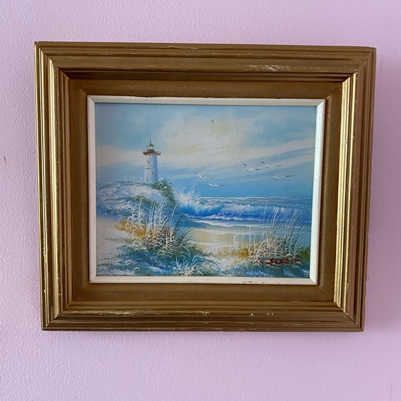 Lighthouse Beach Oil Painting MCM Oil on Canvas 1960s Retro Seagulls N Siebel - Picture 2 of 15